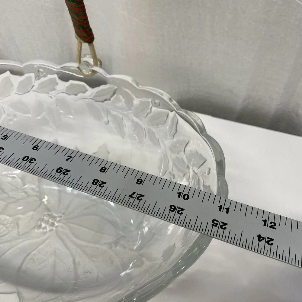 Glass Bowl Poinsettia Holly Berry Etched Handle Basket Holiday Serving Dish‎